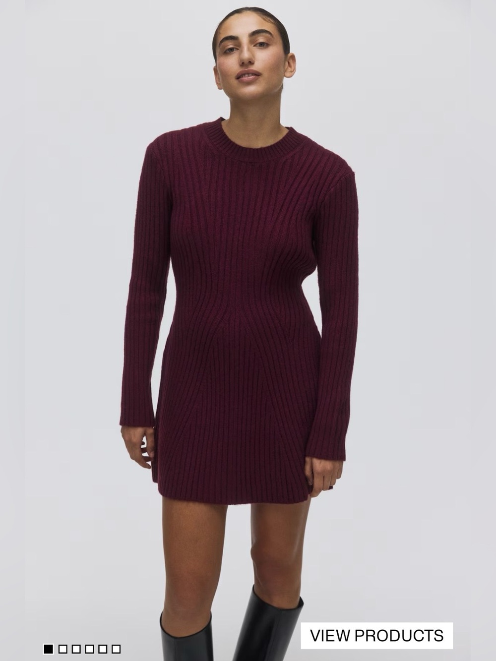 H&M Rib-Knit Long-Sleeve Sweater Dress in Burgundy